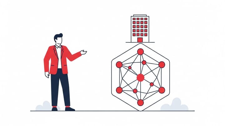 Ilustrasi flat line-art profesional menjelaskan apa itu large language model melalui diagram jaringan saraf pusat AI