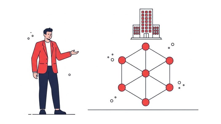 Ilustrasi profesional sedang menganalisis diagram connected nodes terkait tren small language models indonesia bagi perusahaa