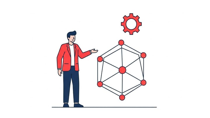 Ilustrasi flat profesional mengelola risiko otomasi AI melalui diagram alur kerja dan ikon roda gigi di kantor.
