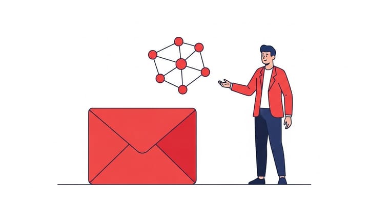 Ilustrasi flat line-art profesional mengelola sistem email perusahaan yang efisien dengan Zoho Workplace