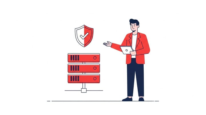 Ilustrasi flat line-art tim IT menggunakan alat monitoring resource linux untuk menjaga stabilitas server perusahaan
