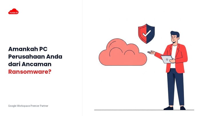 Ilustrasi laptop kantor terproteksi shield keamanan untuk menggambarkan keuntungan Chrome OS Flex dari ransomware
