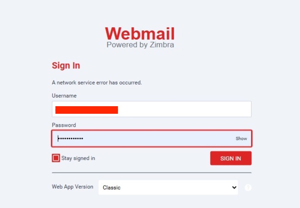 Pesan error "A network service error has occurred" pada halaman login webmail