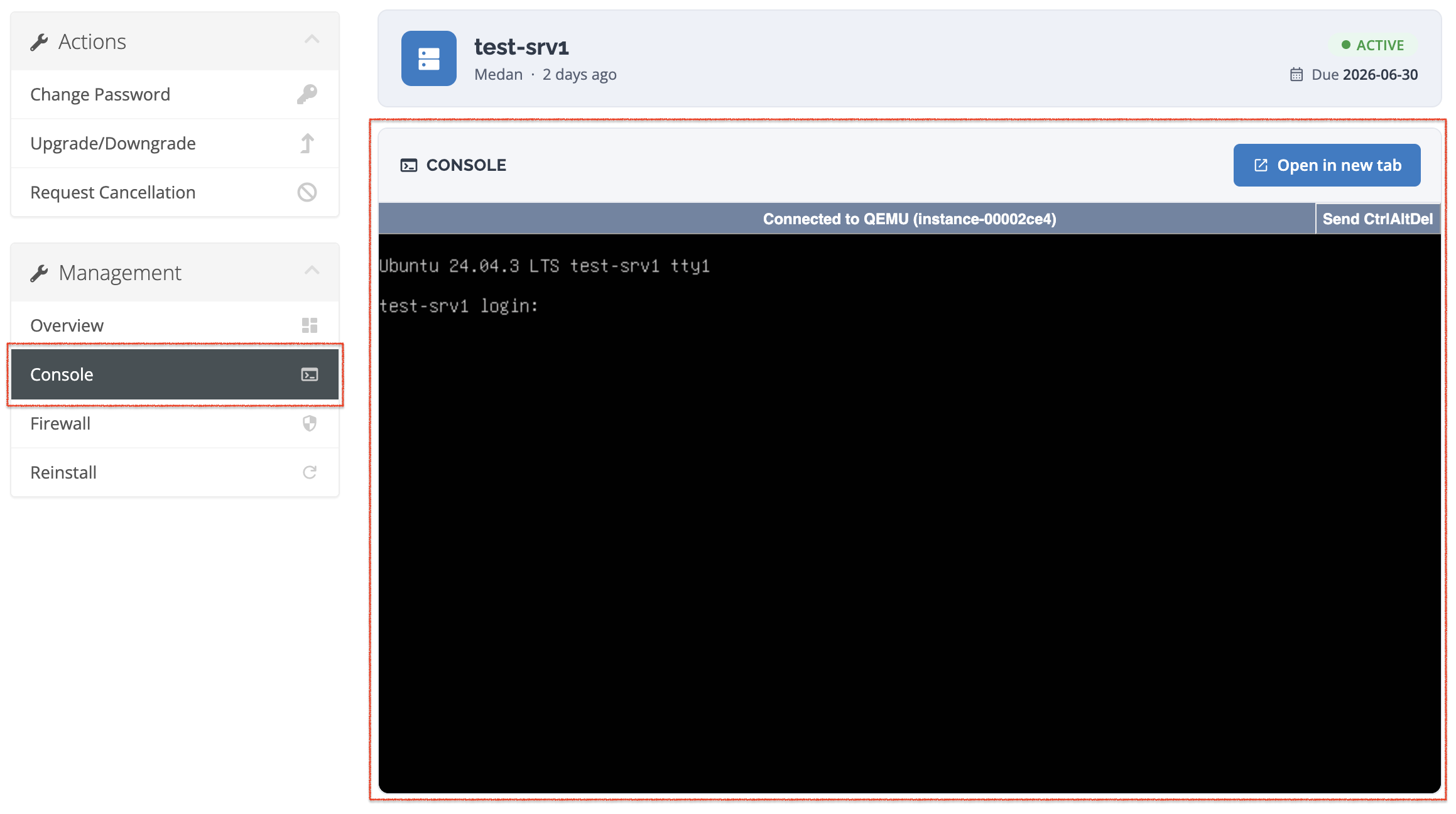 Halaman Console Cloud VPS