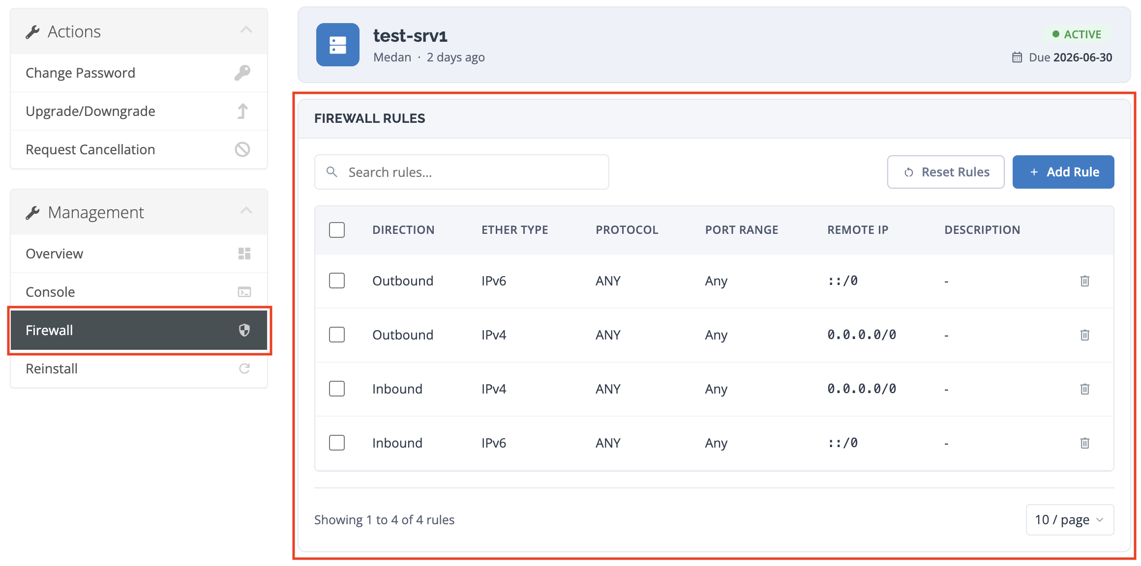 Halaman Firewall Cloud VPS