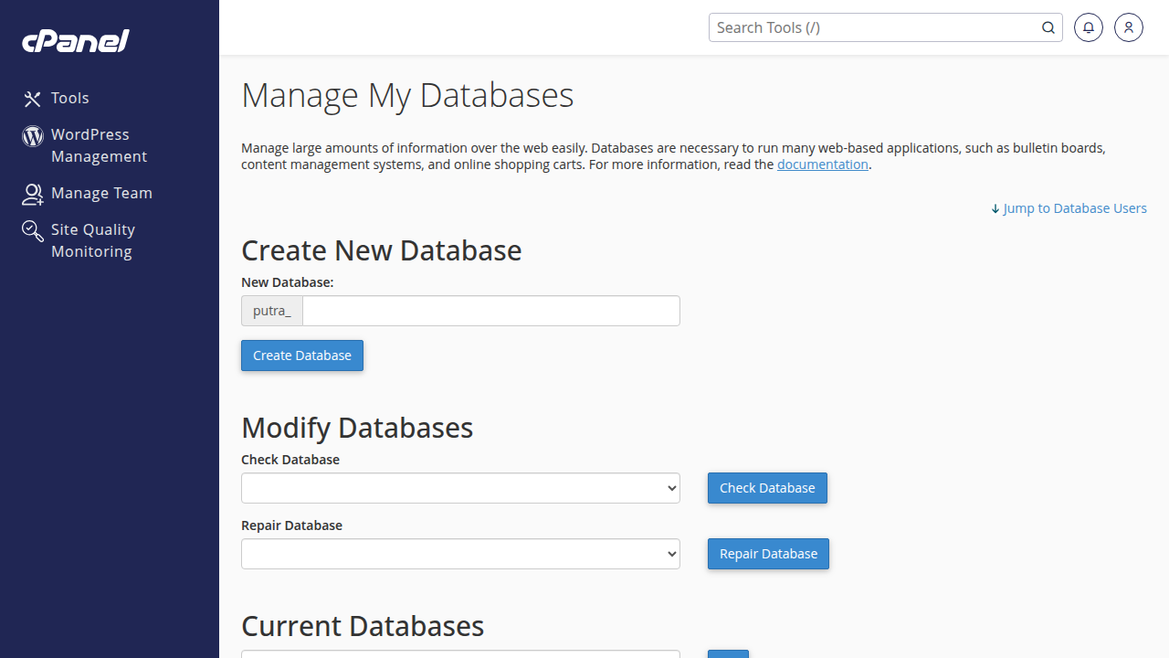 Halaman Manage Databases