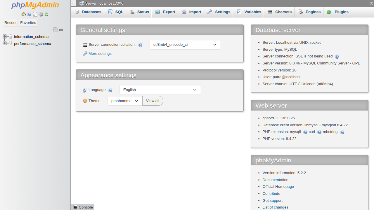 Halaman phpMyAdmin
