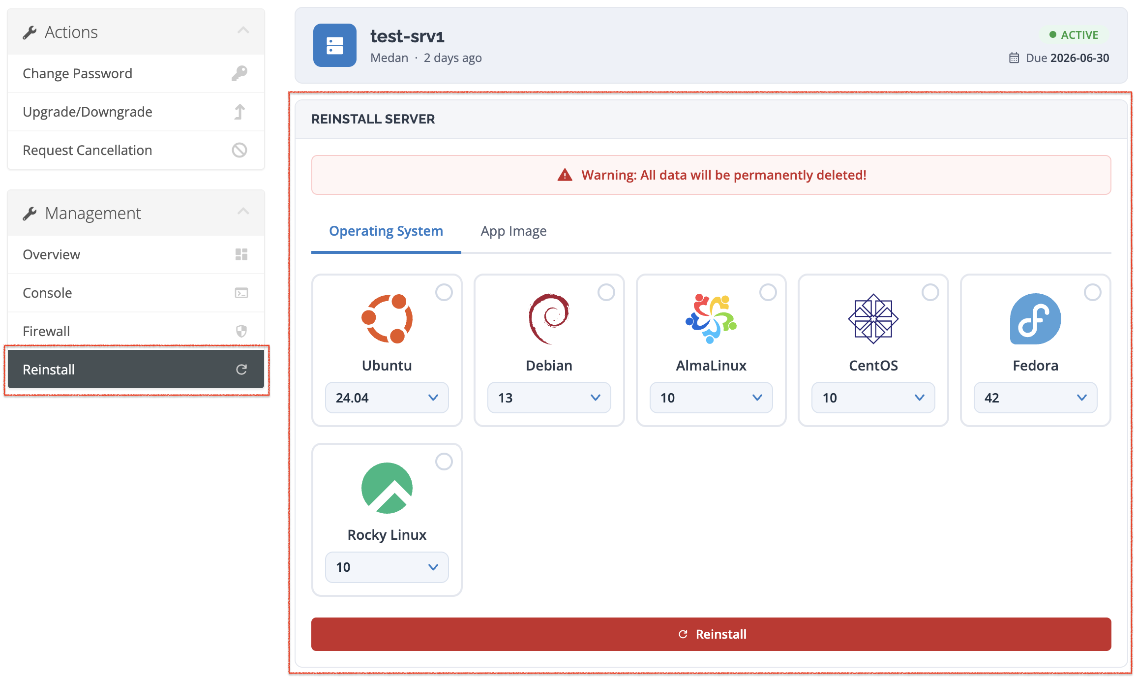 Halaman Reinstall Cloud VPS
