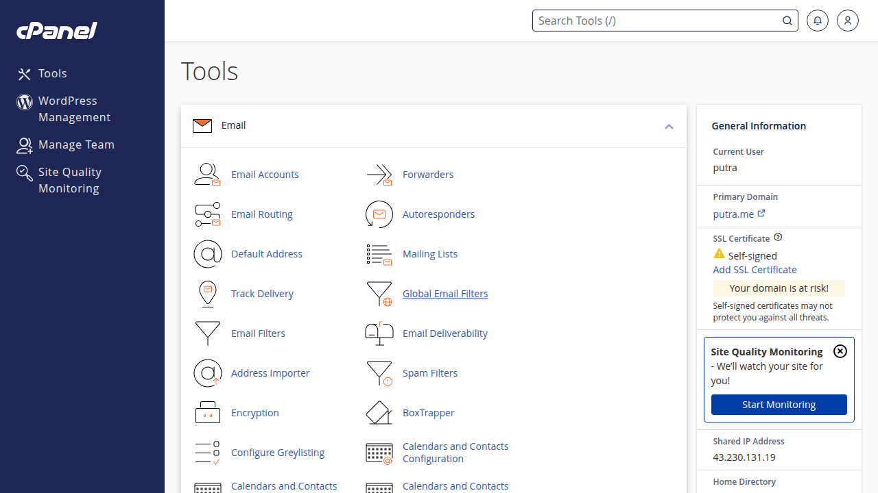 Tampilan utama cPanel