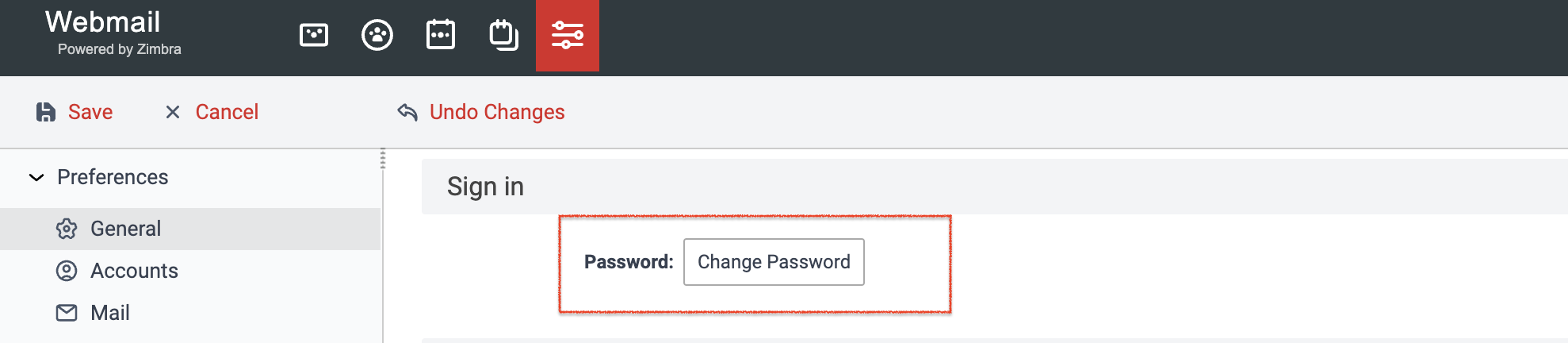 Tombol Change Password di Preferences